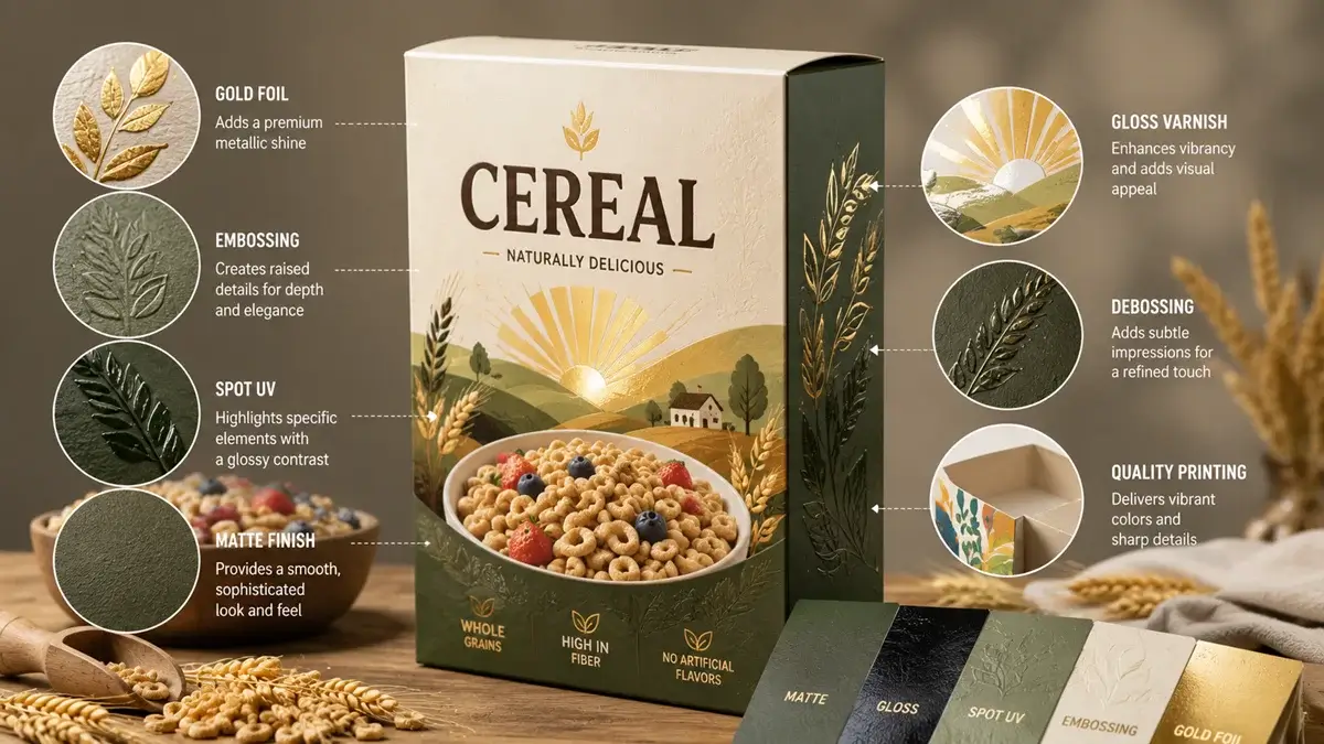 Printing and finishing techniques that enhance cereal packaging